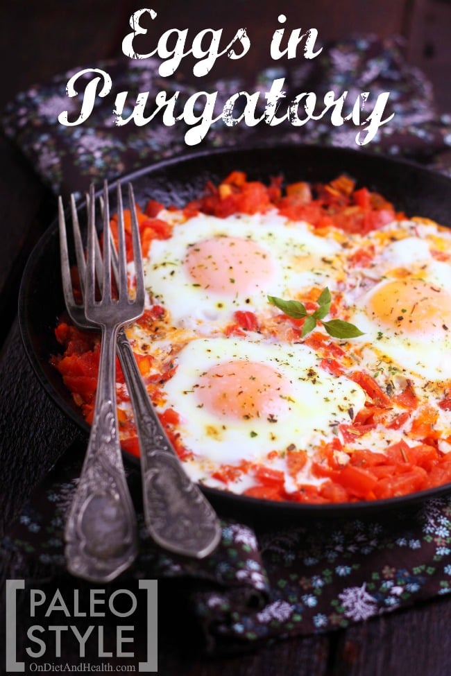 prepared eggs with marinara in iron skillet