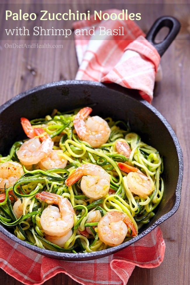 cooked shrimp and noodles in cast iron skillet