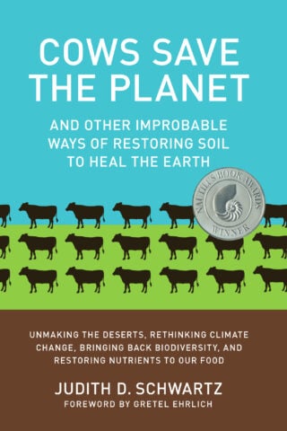 Cover of Cows Save the Planet Book with stylized cows on green background