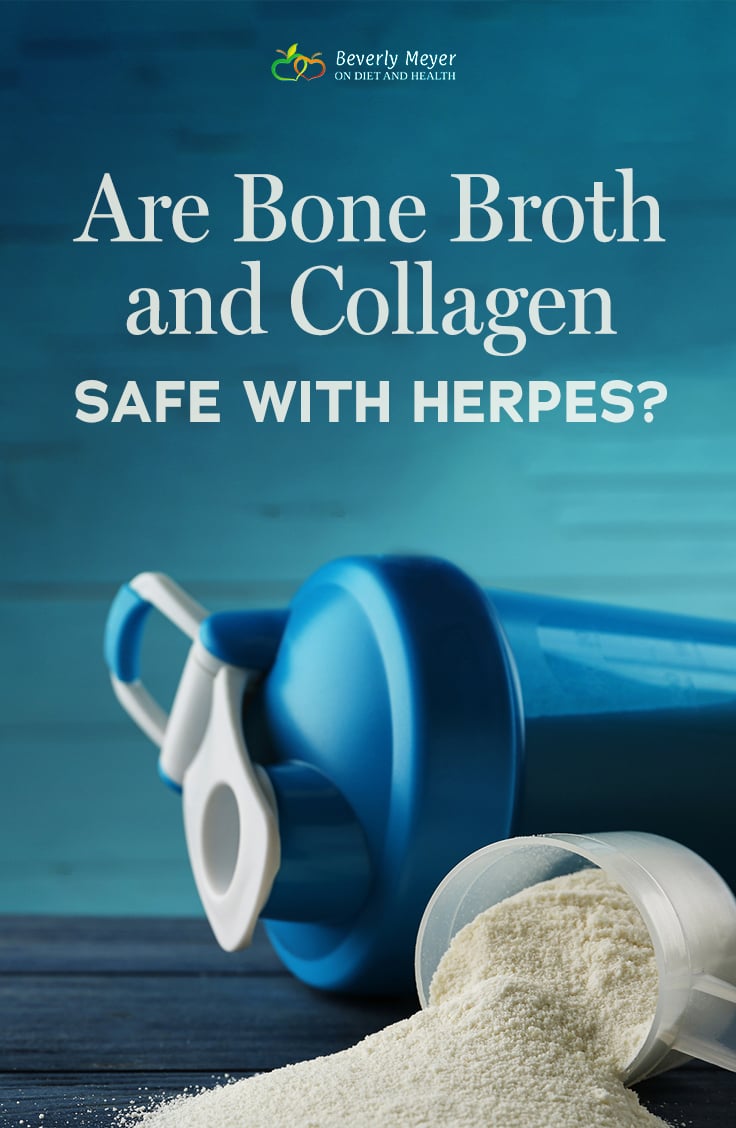 Protein powder and a shaker with the title asking are bone broth and collagen safe with herpes