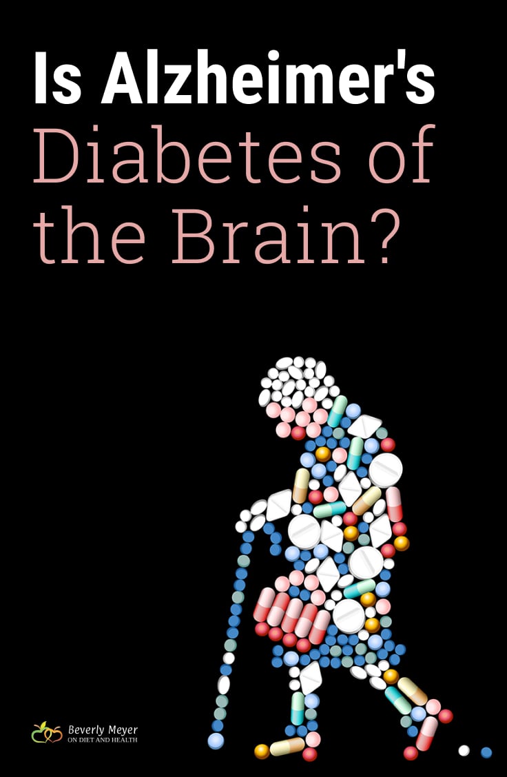 Elderly woman walking image made of pills, with question is alzheimer's diabetes of the brain?