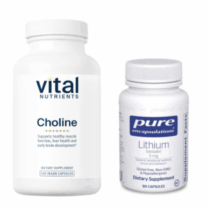 Bottles of Choline and Lithium supplements for memory